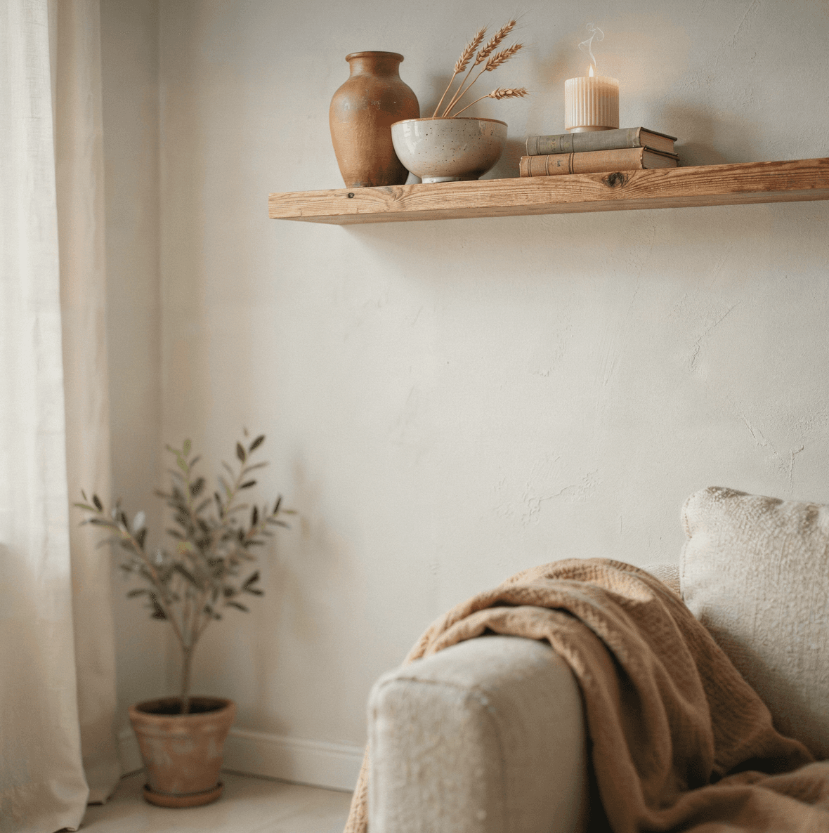 A warmly lit home interior with handcrafted goods