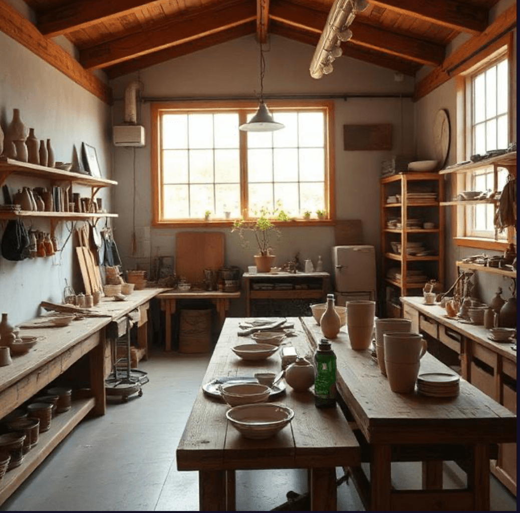 Inside our studio — handcrafted pieces arranged on a workbench